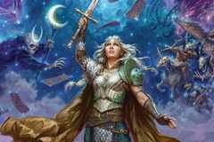 Cover art for The Book of Many Things, which comes bundled inside The Deck of Many Things — a boxed set of cards from Wizards of the Coast, made for Dungeons & Dragons. It shows a female-presenting person in metal armor holding a sword aloft. The heavens open around them, with spectral horses and demonic entities reaching toward their sword.