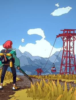 Luisa standing in a yellow field looking at the mountaintops in Dungeons of Hinterberg.