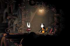 Hornet looking at a map beside Shakra in Hollow Knight: Silksong.